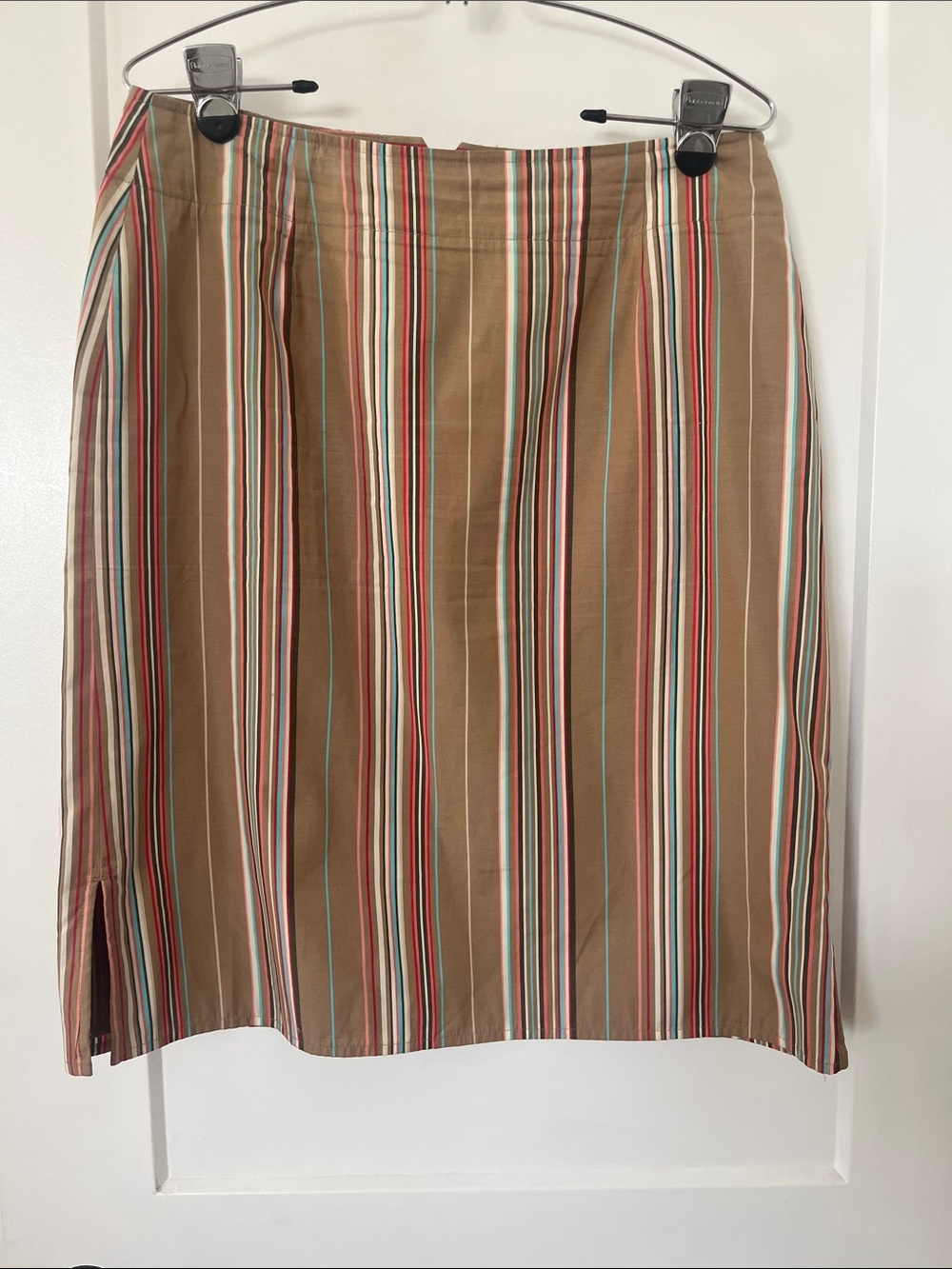 Liz Claiborne Tan Midi Skirt with Multicolor Vertical Stripes